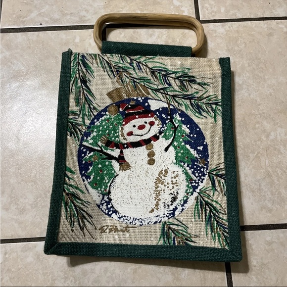 Jute Burlap Painted Wooden Handles Tote Bag Christmas Snowman Signed - Picture 6 of 14